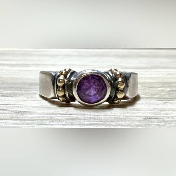 Vintage Designer LAGOS Sterling Silver & 18K Yellow Gold Amethyst Caviar Ring - Picture 2 of 9